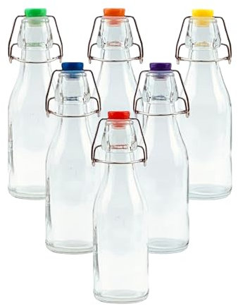 simpa Vintage Style Clear Glass Bottles with Assorted Colour Swing Top Lids. Round 250ml Bottles - Set of 6