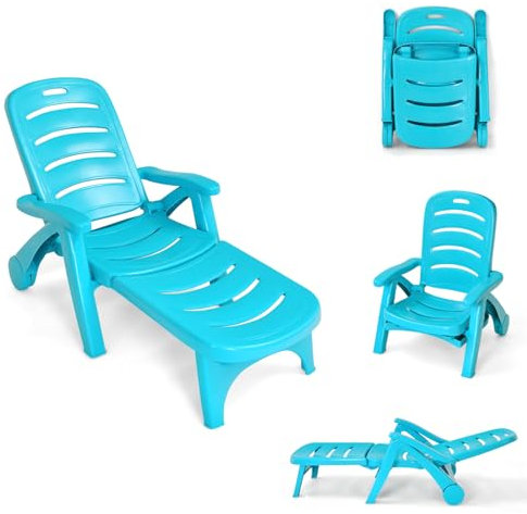KOMFOTTEU Sonnenliege mit Rädern & verstellbare Rückenlehne, klappbares Rollliege, Gartenliege aus PP, Terrassenliege bis 150 kg belastbar für Strand Balkon Pool (Türkis)