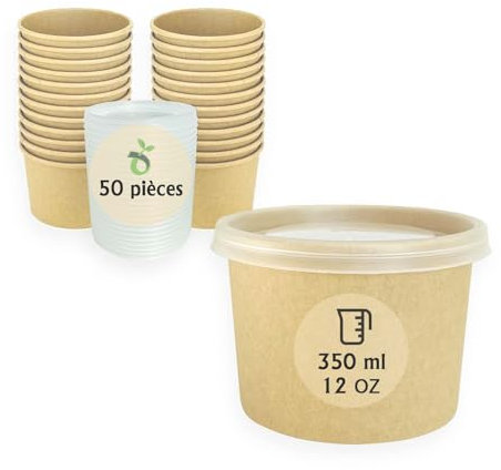 ECOPICNIC Lot de 50 gobelets à Soupe jetables de 350 ML avec Couvercle en PP, gobelets Alimentaires Marron avec revêtement en polyéthylène, Bol à Soupe avec Couvercle