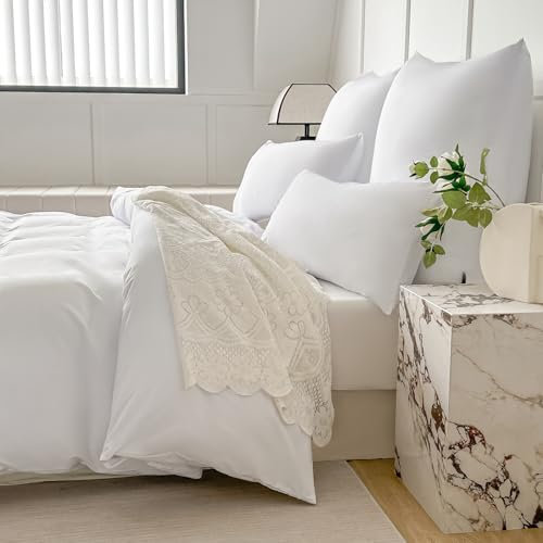 Amolavet Sommer Bettwäsche 200x200 3teilig Set Weiß aus Gebürstetem Mikrofaser Sommerbettwäsche 200x200 Bettbezug 200x200cm + 2 Kissenbezüg 80x80cm Mit Reißverschluss für Doppelbett
