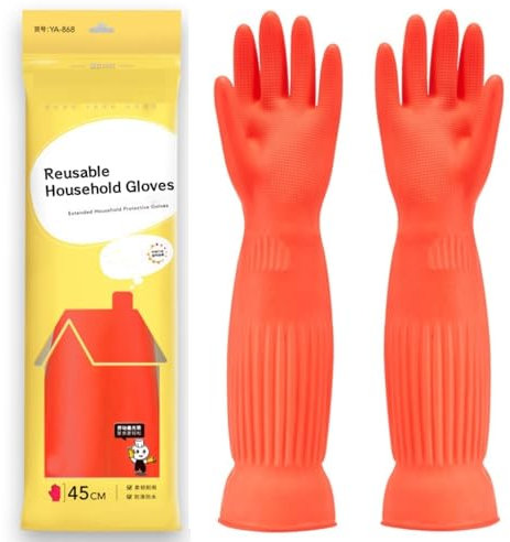 Qilerongrong Household Cleaning Gloves,Skin-Friendly Dishwashing Cleaning Gloves, Reusable Kitchen Gloves, Latex Washing Up Glovesfor Kitchen, Bathroom & Dishwashing (Red, 45cm S)