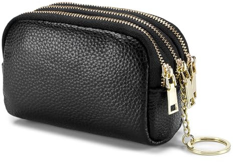 SENDEFN Petit porte-monnaie en cuir avec 3 fermetures éclair pour femme avec porte-clés, Noir , Mini, Pochette à monnaie
