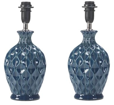 2 Pack - Navy Blue Vintage Ceramic Table Desk Lamp Base | 28cm Height | 1 x SES E14 Lamp Bulb Required | in-Line Switch | UK Approved | Honeycomb Urn Design