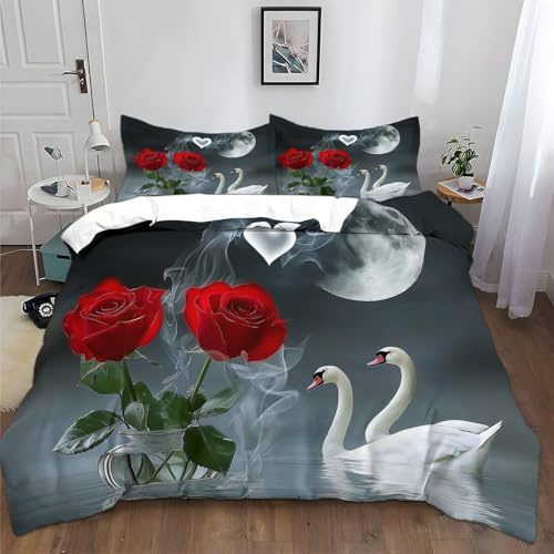 XCQHZYQ Bettwäsche 135x200 cm Rosen Schwäne 3D Bettwäsche 3 teilig Weich Polyester Baumwolle Bettwäsche Jugendliche Erwachsene Doppelbett mit Reißverschluss