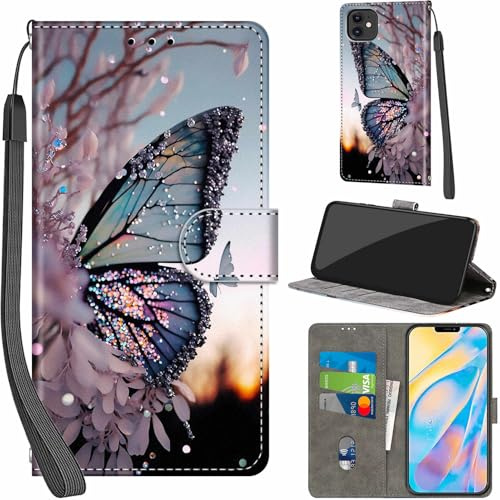 Handyhülle für iPhone 12 / 12 Pro Klapphülle Leder Wallet Schmetterling | 3 Kartenfächer & 1 Geldfach, Magnetverschluss, Ständerfunktion, robuste premium PU leder klapphülle für iPhone 12 / 12 Pro
