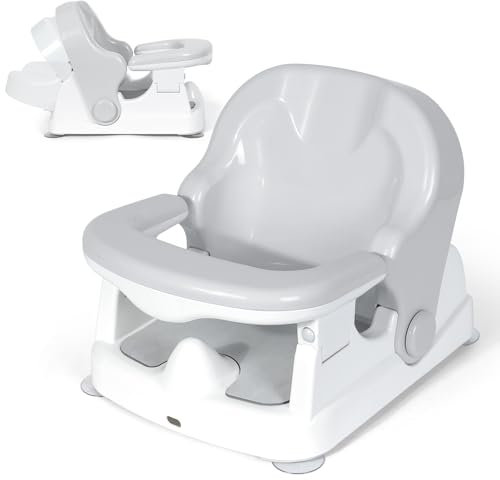 Orzbow Versátil Asiento Bañera Bebe, Estable Silla Bañera Bebe con Respaldo Regulable en Tres Posiciones para 3-24 Meses, Cómodo asiento baño bebe con Potentes ventosas & Barandilla desmontable, Gris