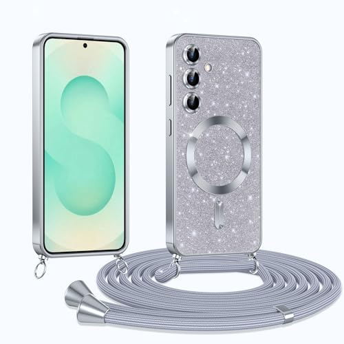 Phoona Coque pour Samsung Galaxy S25 Plus/S25+ 5G avec Cordon, Etui à Paillettes Compatible avec MagSafe, Antichoc Protection Coque pour Magnétique avec Réglable Collier, Argenté