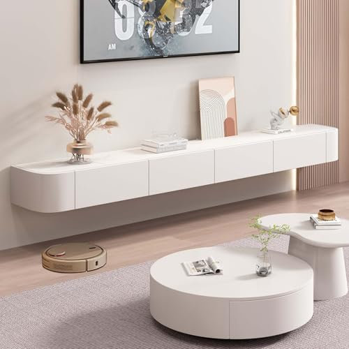 Ribanedy Mobile TV Sospeso Moderno a Parete in Legno Massello con Contenitore, Consola Multimediale per Soggiorno e Camera da Letto (Bianco, 140 cm)