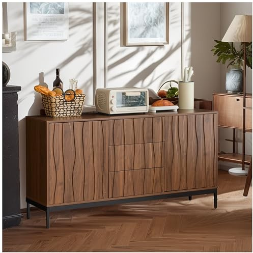 Wyibwy Sideboard Eiche Dunkel, 150x80x40 cm, mit 3 Schubladen, Sideboard mit 2 Türen, Küchenmöbel, Eingangsschrank, dekorative Möbel für Küche, Wohnzimmer, Eingang, Flur