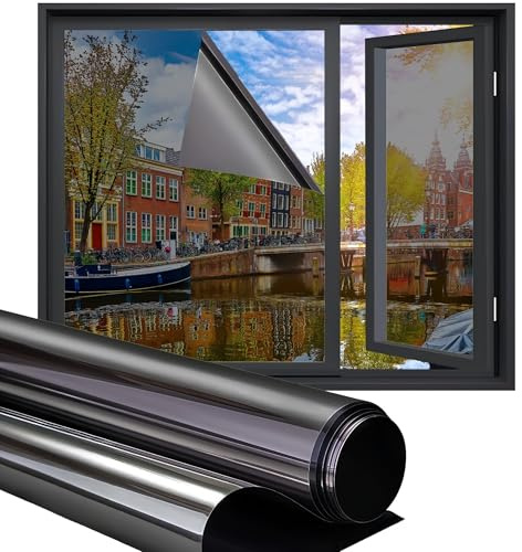 Homewell Spiegelfolie Fenster Blickdicht - 120 cm extra breit - Sonnenschutzfolie Fenster innen Hitzeschutz und Wärmeschutz - Fensterfolie statisch haftend Schwarz 120x300 cm