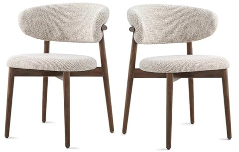 Lot de 2 chaises de salle à manger modernes du milieu du siècle – Chaises de cuisine rembourrées en bois massif avec coussin en lin et dossier incurvé pour salon et salle à manger – Finition noyer
