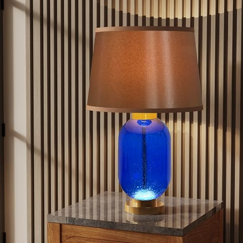 Vrygle Tischlampe dimmbar Nachttischlampe Vintage: Tischleuchte mit blau getöntem Glasfuß, PC-Lampenschirm mit Doppelfassung, 3 Farbtemperaturen Leselampe für Schlafzimmer, Wohnzimmer, Schlafsaal