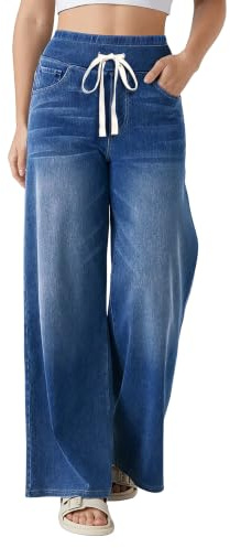 Fengbay Women High Waist Pull on Stretch Wide Leg Drawstring Denim Jeans | Stretchy Denim Fabric; Spacious Pockets; Loose Fit For All Body Types; Suitable For All Season Daily Wear