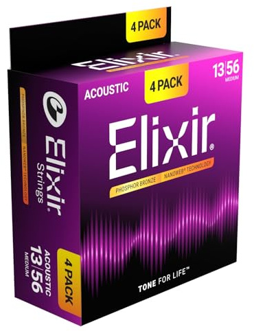 Elixir Saiten für Akustikgitarren aus Phosphorbronze mit NANOWEB -Technologie, Medium (.013-.056) — Exklusiv bei Amazon, 4er-Pack