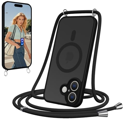 Olgary Magnetische Handyband für iPhone 16 Hülle mit Band Handyhülle Kompatibel mit MagSafe,Matt Durchscheinende,justierbarer und Abnehmbarer Kette,Crossbody Magnet Cover,Schwarz