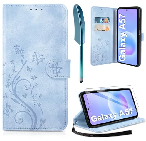 AROYI Lederhülle für Samsung Galaxy A57 5G Hülle und Schutzfolie | Nebliges Blau Flip Wallet Handyhülle PU Leder Magnet Ständer Tascher Kartenfach Case Schutzhülle