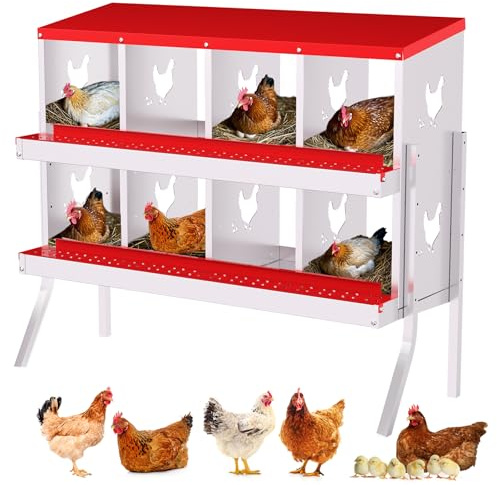 Garvee Hühner Legenest aus verzinktem Metall, 8 Fächer, große Belüftung, leicht zu reinigen, rostfrei, ideal für Hühner & Enten, mit Halterung, rot,