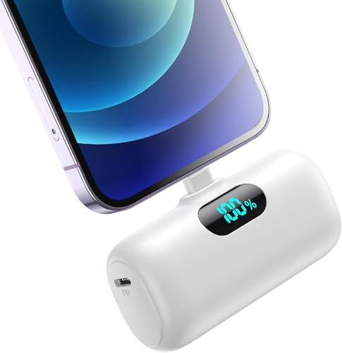 5000mAh Mini Power Bank for iPhone, Upgraded 15W PD Fast Charging Portable Charger, LCD Display 3.0A Small Battery Pack Compatible with iPhone 14/14 Pro Max/13/13 Pro Max/12/11/XR/X/8/7/6 etc-White
