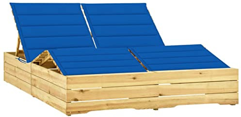 kithwjll Doppel-Sonnenliege aus imprägniertem Kiefernholz mit königsblauen Auflagen verstellbar, wetterfest, 2 Personen Gartenliege, klappbar und komfortabel für Terrasse und Saunaliege Relax