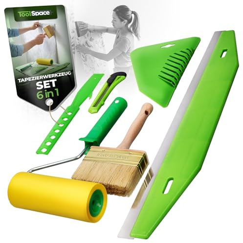 ToolSpace Kit Completo Empapelado 6 Piezas Rodillo Presión Poliuretano Espátula 29 cm Regla Corte 60 cm Tijera Precisión 18 mm Brocha 110 mm Papel Pintado Vinyl No Tejido Textil Pared Profesional