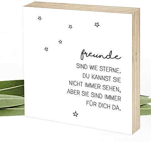 Wunderpixel® Holzbild Freunde sind wie Sterne - 15x15x2cm zum Hinstellen/Aufhängen, echter Fotodruck mit Spruch auf Holz - schwarz-weißes Wand-Bild Aufsteller zur Dekoration oder Geschenk-Idee