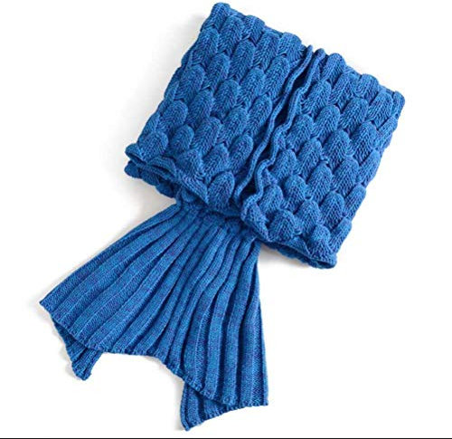 Lazeny Meerjungfrau Decke Kuscheldecke Fischschuppe Strickdecke Häkeln Handbuch Decke Wolldecke Tagesdecke Klimaanlage Decke Meerjungfrau Schwanz Blanket Schlafsack Für Erwachsene Kinder Geschenk-Blau