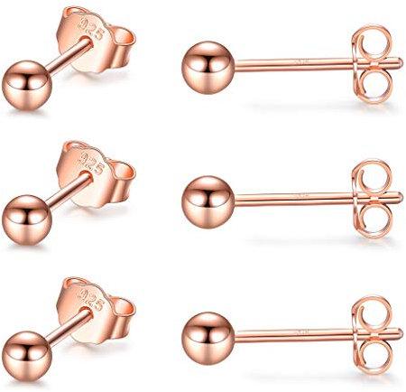 CERSLIMO Silver Stud Earrings for Women Men Girls, 3 Pairs Sterling Silver Tiny Ball Stud Earrings Small Dot Studs Dainty Cartilage Tragus Sleeper Earrings Set (3mm, Rose Gold)
