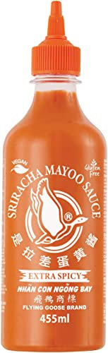 FLYING GOOSE Sriracha Spicy Mayoo Sauce, extra scharfe Mayonnaise, sehr scharf, orange Kappe, Würzsauce aus Thailand, vegan, glutenfrei, 1 x 455 ml