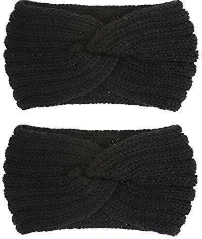 2PCS Women Ear Warmer Headband Autumn Winter Warm Knitted Hairband Twisted Headbands Elastic Crochet Hair Wrap (Black)