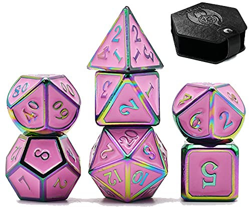 World of Dice Metall-Würfelset Rainbow Rosa - Pen & Paper Metallwürfel mit Etui, W4, W6, W8, W10, W10.0, W12, W20, Rollenspiel-Würfel für Dungeons and Dragons