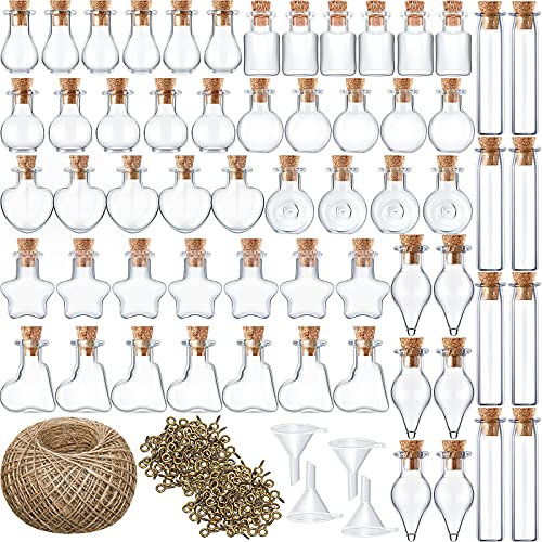 100 Stück kleine Mini-Glasflaschen mit Korkverschluss, winzige Wunschflaschen, leere nachfüllbare Wunschflaschen mit Augenschrauben, Trichter und Seil für DIY Handwerk Perlenbehälter, 10 Formen