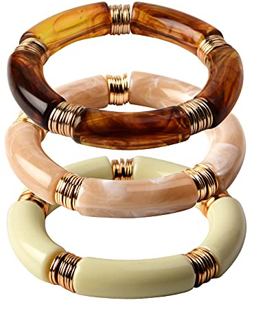 GOOJIDS Boho Chunky Acrylic Bamboo Tube Beaded Gold Plated Bangles Bracelet