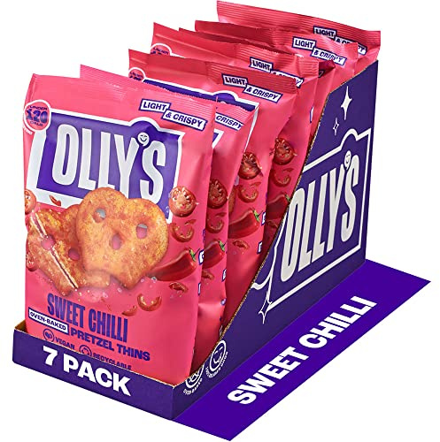 Olly's Pretzel Thins, Sweet Chilli, 140g (Pack of 7), Bigger Sharing Bag, Healthy Plant-Based Vegan Snacks for Dipping, Low Calorie Snacks, Low Fat, Source of Fibre, No Preservatives