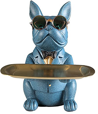 Vinbcorw Französische Bulldogge Figur mit tablett Edelstahl,Tischdekoration skulptur deko,schlüssel Schale Statue Kleinteile, Behälter, obstschale,Schlüsselbonbons Organizer,Blau,D