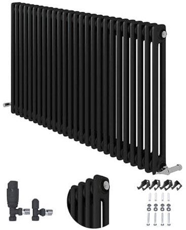 600x1190mm Horizontal Anthracite Two Column Radiator + Angled Thermostatic Valve