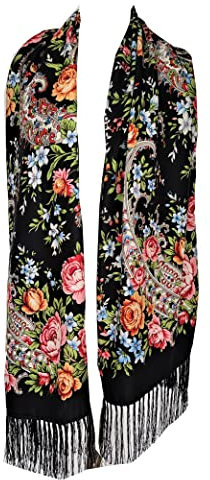 Langer bunter russischer Schal mit Fransen, 70 x 180 cm, Black, 70 cm X 180 cm