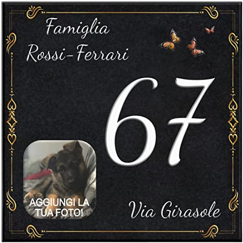 Numero Civico su Targa Decorativa in Ceramica Personalizzata per esterno, Mattonella Moderna 15x15cm, 20x20cm con Indirizzo e Nome Famiglia Personalizzabile.