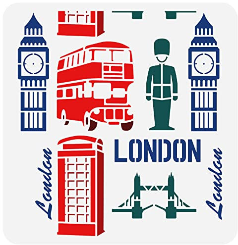 FINGERINSPIRE Wandschablone London City 30x30cm Wiederverwendbar Telefonzelle Soldat Bus Zeichenschablone, Kunststoff PET London Tower Bridge Big Ben Schablone Für Wand, Fotoalbum, Schränke Dekor