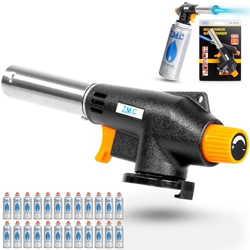 Z.M.C Gasbrenner + 24x Gaskartuschen 227g, Schweißbrenner Flambierbrenner bis zu 1300°C, Bunsenbrenner Lötlampe 1,3kW, Lötbrenner, Küchenbrenner Abflammgerät mit einstellbarer Flamme