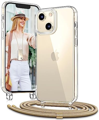 Vaykwo Funda con Cuerda para iPhone 13/iPhone 14 de 6,1 Pulgadas, Funda con Cordón Ajustable para el Cuello para iPhone 13/14, Funda Transparente con Correa para el Cuello, Oro