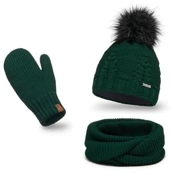 PaMaMi Winterset Mütze, Schal & Handschuh-sets für Damen I Kopfumfang 55-58 cm I Wintermütze mit Fleecefutter Atmungsaktiv I Winter-Strickset für Frauen I Fäustlinge Mütze Schal set Damen