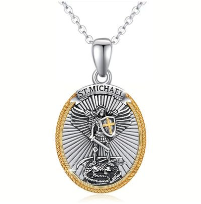 KBRPEY Elegante Halskette Mit St. Michael Anhänger Und Schwert Edelstahl Vergoldet Männer Schmuck Schutzengel Kette Religiöser Anhänger Modisches Accessoire 60 Cm Länge