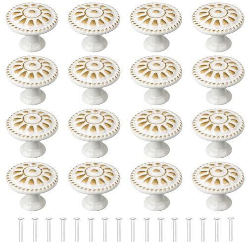 YEYIT 16Pcs White Door Knobs for Cupboards, Round Drawer Knobs, Single Hole Cupboard Handle, Mushroom Drawer Handle 30MM Aluminum Alloy Flower Pattern Handle Knobs for Drawers with Screws