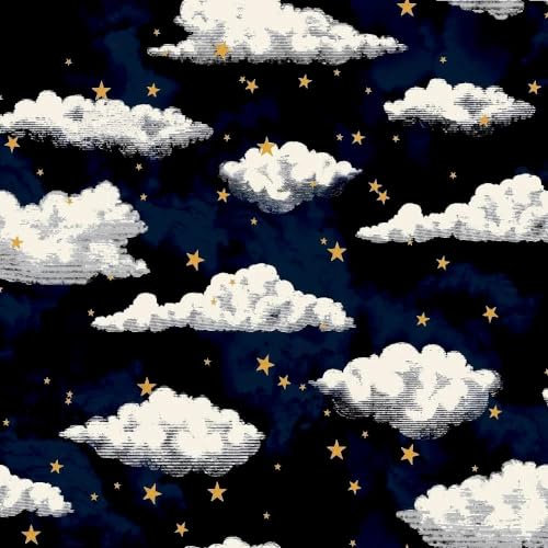 Stars and Clouds Navy Wallpaper - Metallic Gold Effect - Nursery Children's Room Trendy Stylish Feature Wall