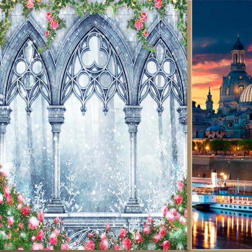 COALHO Fantasy Castle Sichtschutz Verdunkelungs-Fensterfolie Vintage Mid-Century Gothic Winter Wald Schloss Rote Rose Wiederverwendbar Selbstklebend Isoliert Fensteraufkleber-45B x60L CM x1Stk