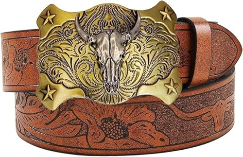 Rodeo-Western-Cowboy-Gürtel für Herren und Damen, Metallschnalle, Western-Jeans-Gürtel mit Blumenprägung, PU-Leder, 3,8 cm breit, Unisex für Erwachsene, Braun-Kuh-Stil2, 120cm/For Waist 91cm-104cm