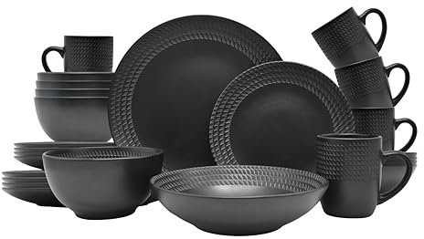 ECHTWERK 30-teiliges Vintage Kombiservice BlackStyle Modern-Design, für 6 Personen, Geschirrset aus Steingut mit 6 x Speiseteller, 6 x Beilagenteller, 6 x Schüssel, 6 x Teetassen, 6 x Suppenteller