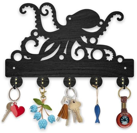 MAYJOYDIY Octopus Coat Hooks Wall Mount Octopus Tentacles Wood Key Holder for Wall 30×20cm Black Ocean Sealife Wall Art Decor Key Hooks 5 Alloy Hooks for Gift Entryway Living Room Kitchen Office