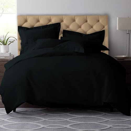 Pizuna 100% Coton Ensemble de Housses de Couette 200x200 cm 2 Personnes Noir, Tissu de Satin de Coton à 600 Fils au Pouce carré Housse de Couette Luxueuse avec Fermeture à Boutons