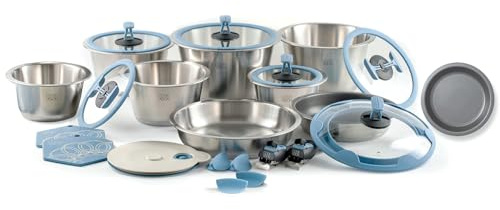 cookvision nesto stapelbares Topf- und Pfannenset 24-tlg. Blau, 6 Edelstahltöpfe für Spülmaschine, Induktion, Backofen, 3 Pfannen, 2 abnehmbare Griffe, 5 Glasdeckel, für Camping und Reisen
